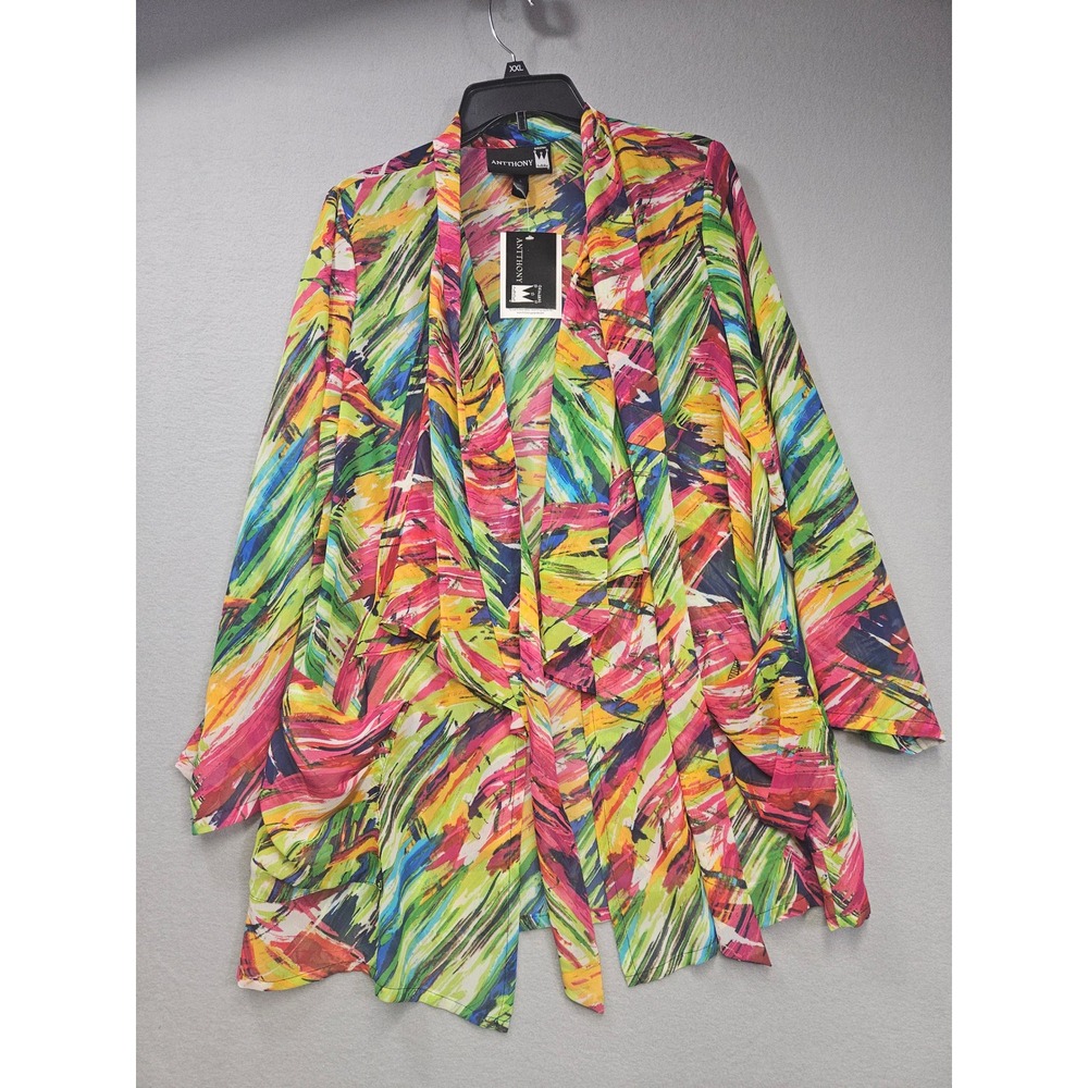 Antthony Women L Colorful Brushstroke Draped Open Front Cardigan Pockets NWT